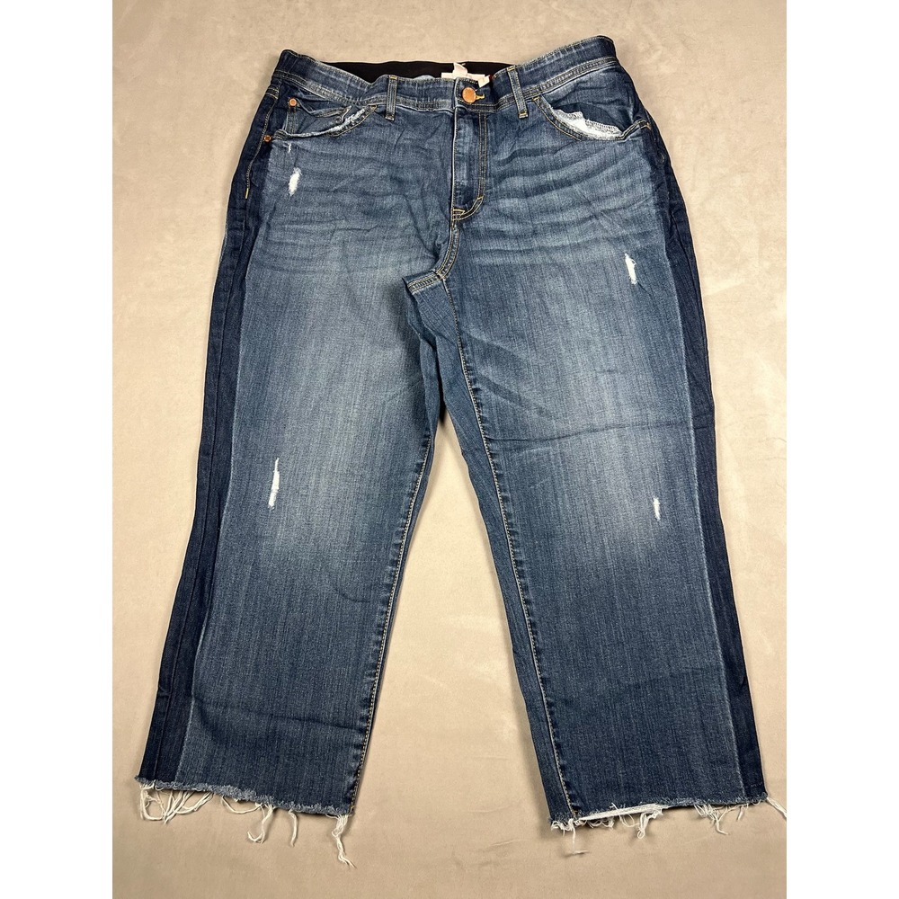 Evri Womens 16W Two Tone Side Stripe Capri Jeans Distressed Raw Hem Blue Denim